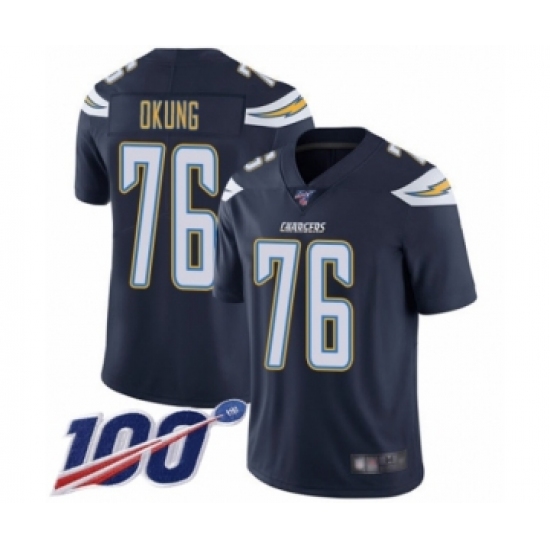 Men's Los Angeles Chargers 76 Russell Okung Navy Blue Team Color Vapor Untouchable Limited Player 100th Season Football Jersey