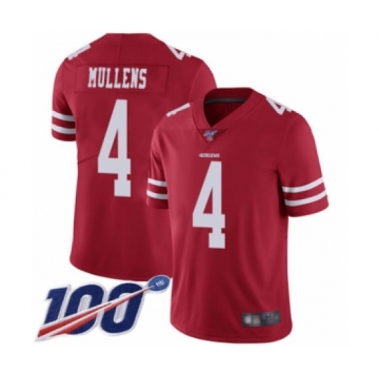 Men's San Francisco 49ers 4 Nick Mullens Red Team Color Vapor Untouchable Limited Player 100th Season Football Jersey