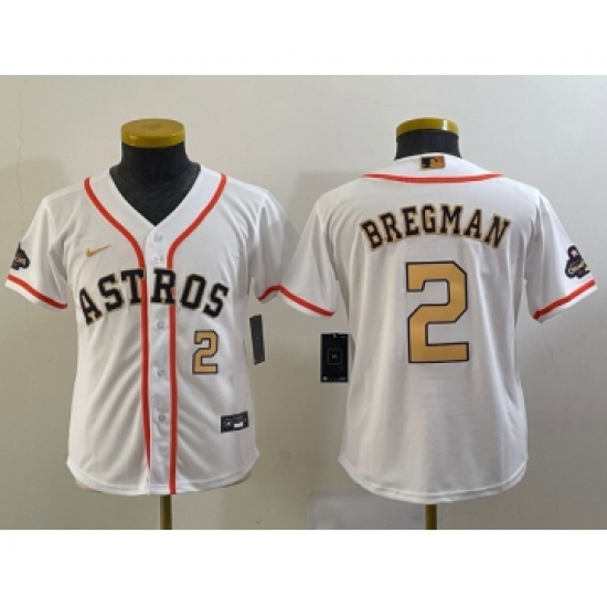 Youth Houston Astros 2 Alex Bregman Number 2023 White Gold World Serise Champions Cool Base Stitched Jerseys