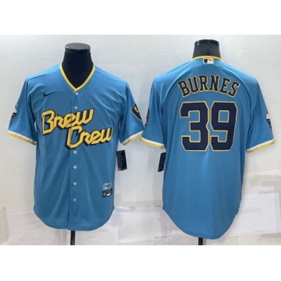 Men's Milwaukee Brewers 39 Corbin Burnes Blue 2022 City Connect Cool Base Stitched Jersey