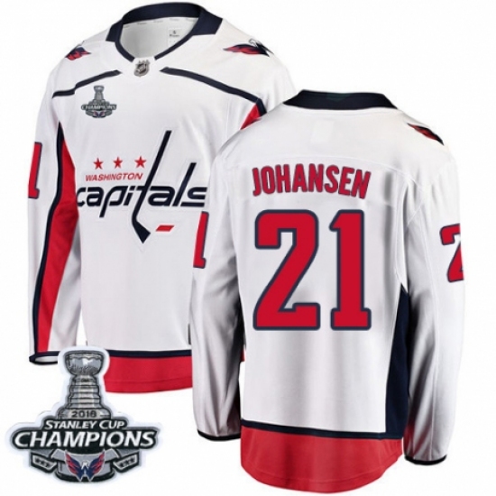 Youth Washington Capitals 21 Lucas Johansen Fanatics Branded White Away Breakaway 2018 Stanley Cup Final Champions NHL Jersey