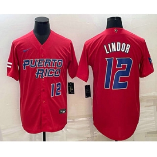 Men's Puerto Rico Baseball 12 Francisco Lindor Number 2023 Red World Baseball Classic Stitched Jerseys