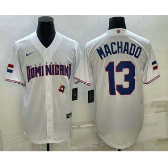 Men's Dominican Republic Baseball 13 Manny Machado 2023 White World Baseball Classic Stitched Jersey
