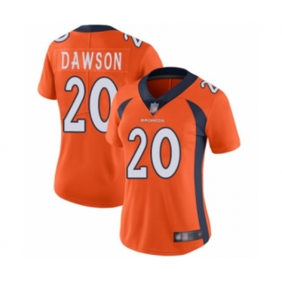 Women's Denver Broncos 20 Duke Dawson Orange Team Color Vapor Untouchable Limited Player Football Jersey
