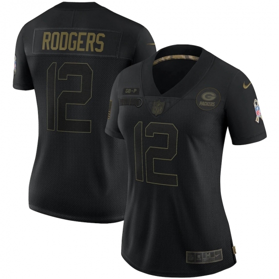 Women's Green Bay Packers 12 Aaron Rodgers Black Nike 2020 Salute To Service Limited Jersey