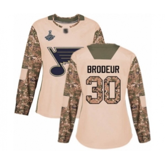 Women's St. Louis Blues 30 Martin Brodeur Authentic Camo Veterans Day Practice 2019 Stanley Cup Champions Hockey Jersey