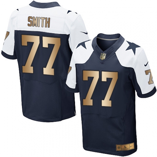 Men's Nike Dallas Cowboys 77 Tyron Smith Elite Navy/Gold Throwback Alternate NFL Jersey