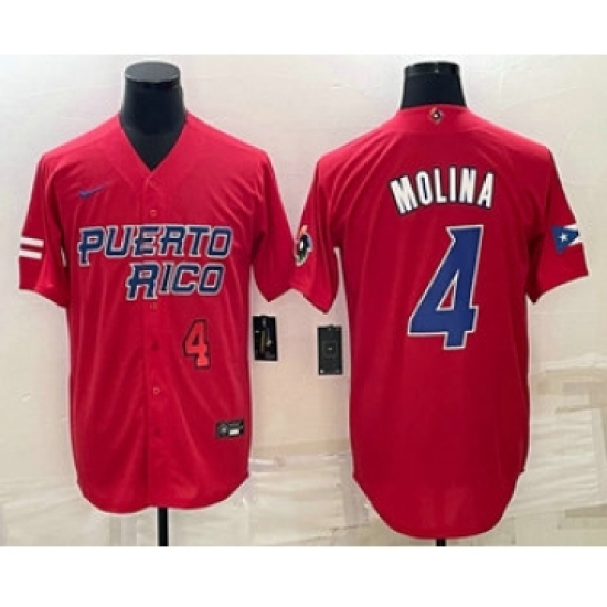 Men's Puerto Rico Baseball 4 Yadier Molina Number 2023 Red World Baseball Classic Stitched Jerseys