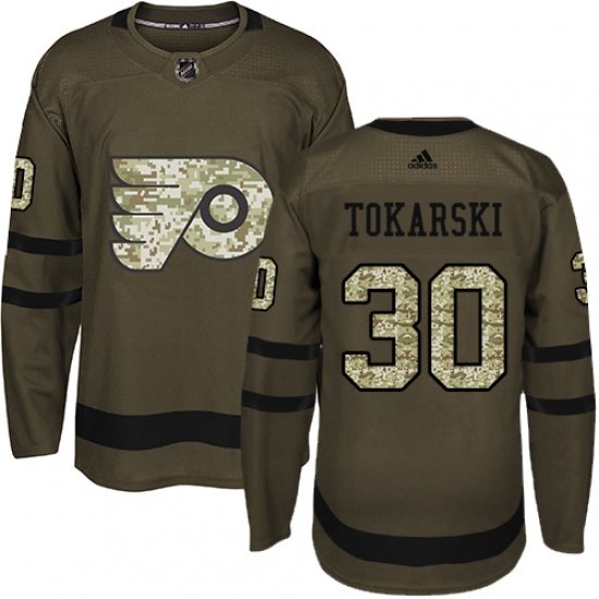 Men's Adidas Philadelphia Flyers 30 Dustin Tokarski Authentic Green Salute to Service NHL Jersey