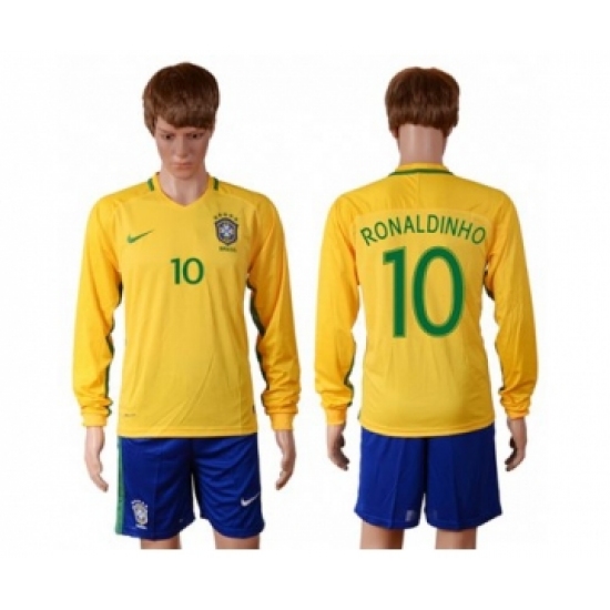 Brazil 10 Ronaldinho Home Long Sleeves Soccer Country Jersey
