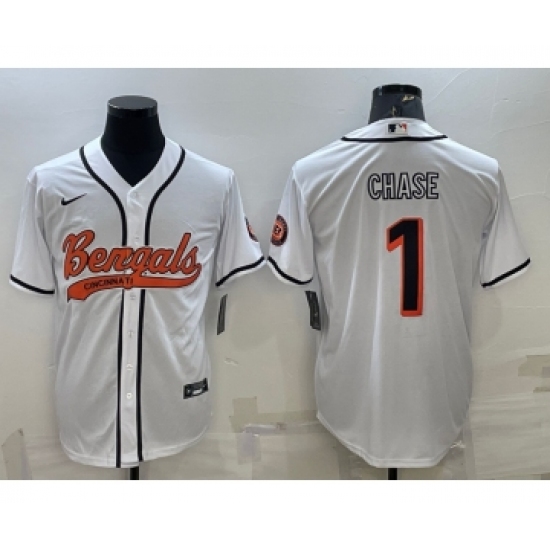 Men's Cincinnati Bengals 1 JaMarr Chase White With Patch Cool Base Stitched Baseball Jersey
