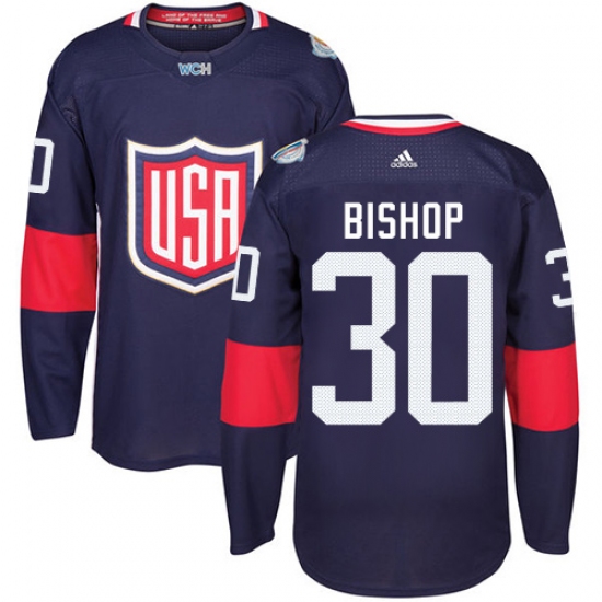 Youth Adidas Team USA 30 Ben Bishop Premier Navy Blue Away 2016 World Cup Ice Hockey Jersey