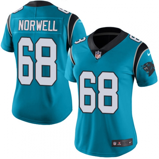 Women's Nike Carolina Panthers 68 Andrew Norwell Blue Alternate Vapor Untouchable Limited Player NFL Jersey