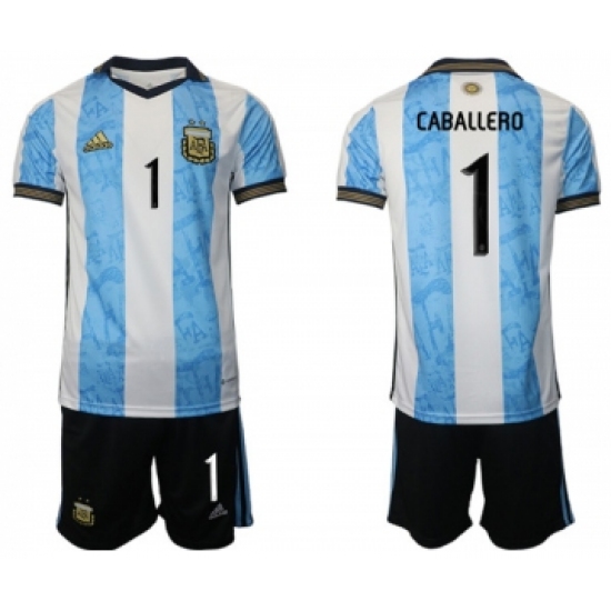 Men's Argentina 1 Caballero White Blue Home Soccer Jersey Suit