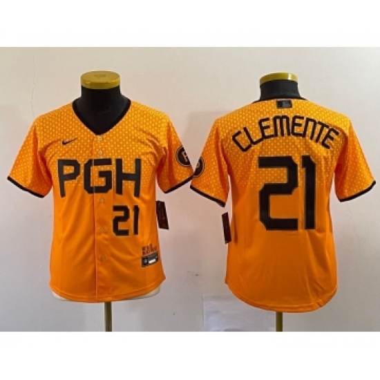 Youth Nike Pittsburgh Pirates 21 Roberto Clemente Number Yellow 2023 City Connect Stitched Jersey2