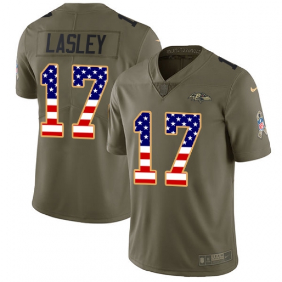Men's Nike Baltimore Ravens 17 Jordan Lasley Limited Olive USA Flag Salute to Service NFL Jersey