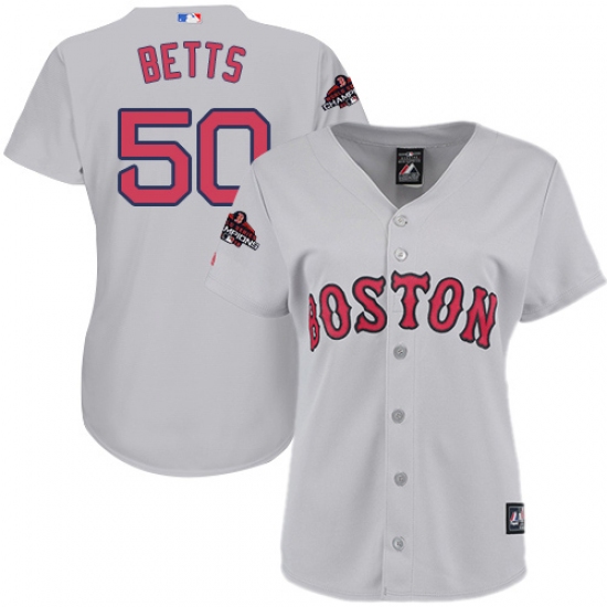 Women's Majestic Boston Red Sox 50 Mookie Betts Authentic Grey Road 2018 World Series Champions MLB Jersey
