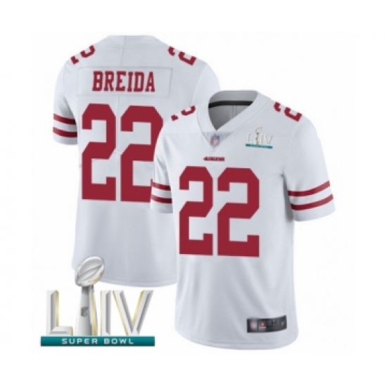 Men's San Francisco 49ers 22 Matt Breida White Vapor Untouchable Limited Player Super Bowl LIV Bound Football Jersey
