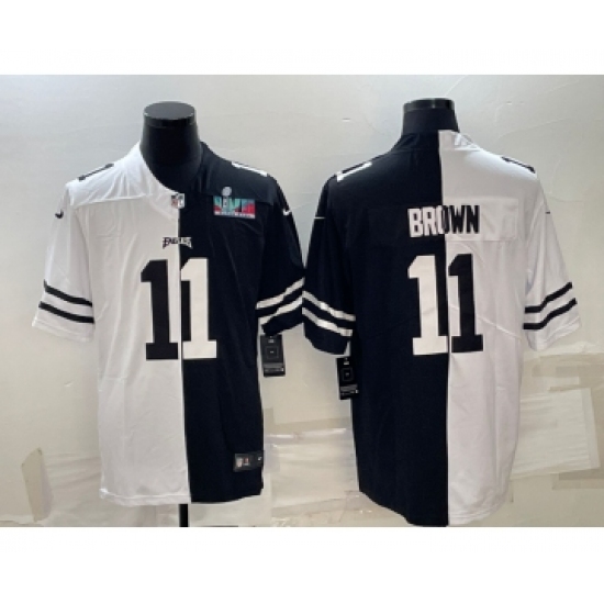 Men's Philadelphia Eagles 11 A.J. Brown Black & White Split Super Bowl LVII Patch Limited Stitched Jersey