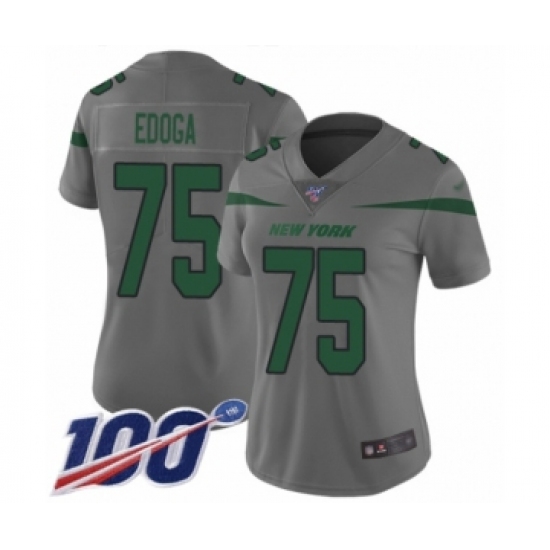 Women's New York Jets 75 Chuma Edoga Limited Gray Inverted Legend 100th Season Football Jersey