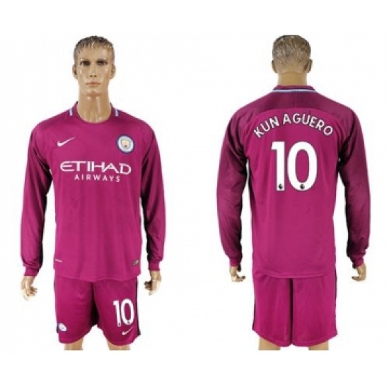 Manchester City 10 Kun Aguero Away Long Sleeves Soccer Club Jersey