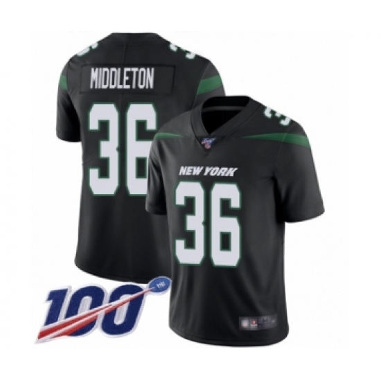 Men's New York Jets 36 Doug Middleton Black Alternate Vapor Untouchable Limited Player 100th Season Football Jersey