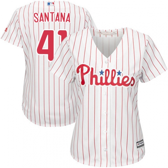 Women's Majestic Philadelphia Phillies 41 Carlos Santana Authentic White/Red Strip Home Cool Base MLB Jersey