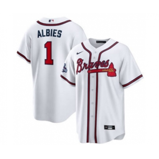 Men's Atlanta Braves 1 Ozzie Albies 2021 White World Series Champions Cool Base Stitched Jersey