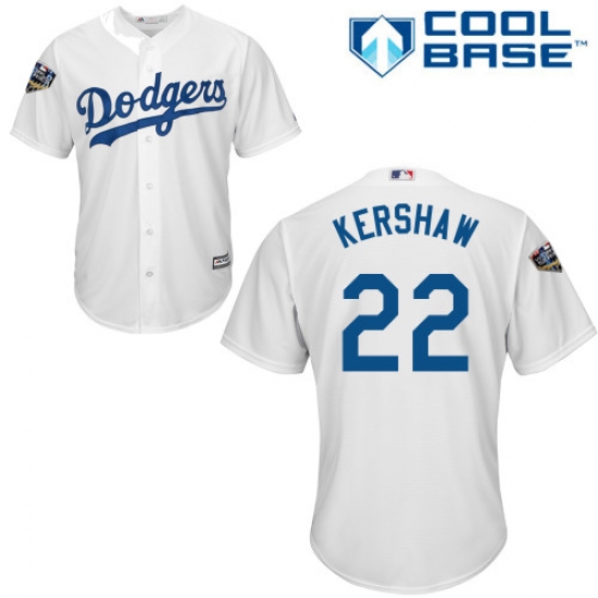 Youth Majestic Los Angeles Dodgers 22 Clayton Kershaw Authentic White Home Cool Base 2018 World Series MLB Jersey