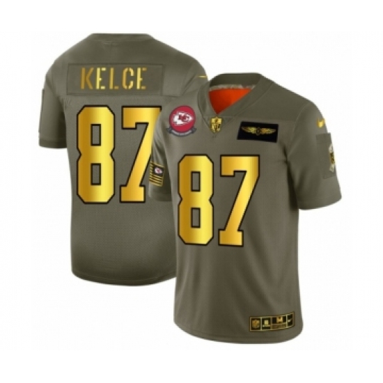 Men's Kansas City Chiefs 87 Travis Kelce Limited Olive Gold 2019 Salute to Service Football Jersey