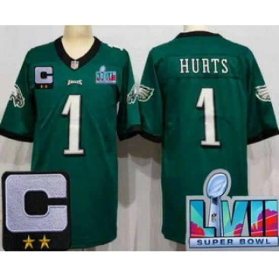Men's Philadelphia Eagles 1 Jalen Hurts Limited Green C Patch Super Bowl LVII Vapor Jersey