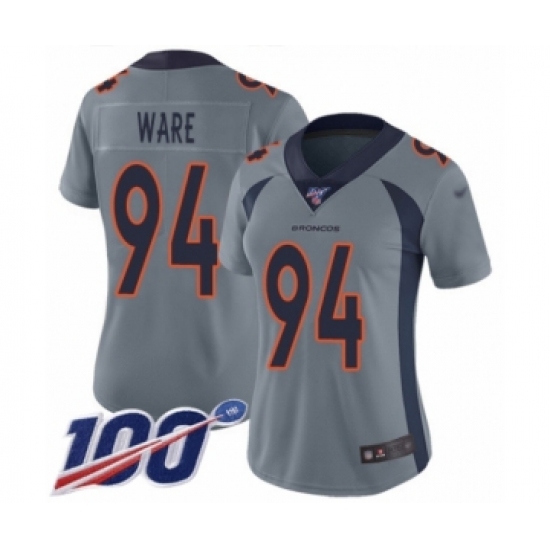 Women's Denver Broncos 94 DeMarcus Ware Limited Silver Inverted Legend 100th Season Football Jersey