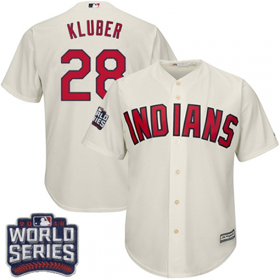 Youth Majestic Cleveland Indians 28 Corey Kluber Authentic Cream Alternate 2 2016 World Series Bound Cool Base MLB Jersey