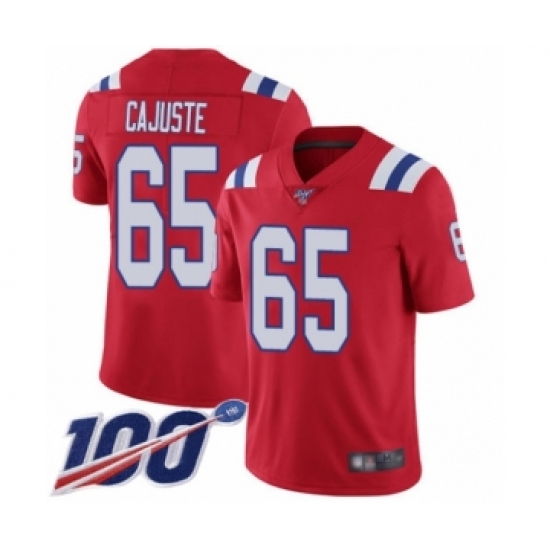 Youth New England Patriots 65 Yodny Cajuste Red Alternate Vapor Untouchable Limited Player 100th Season Football Jersey