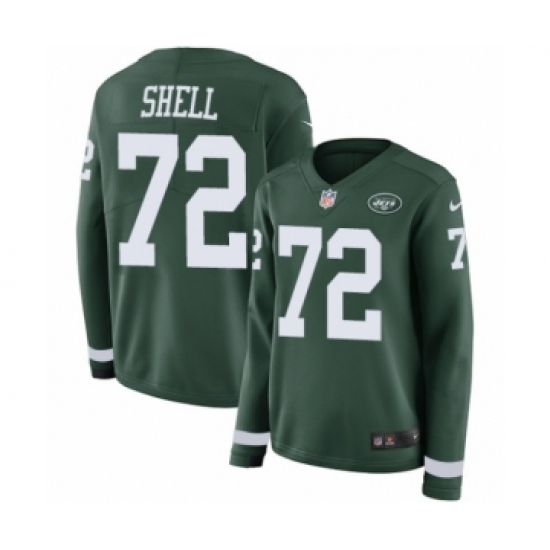 Women's Nike New York Jets 72 Brandon Shell Limited Green Therma Long Sleeve NFL Jersey