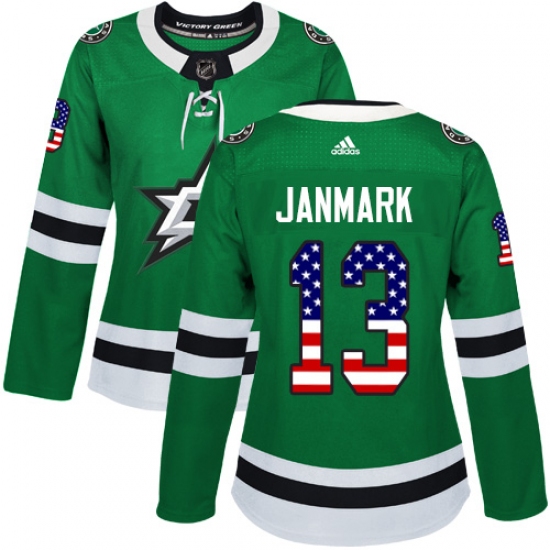 Women's Adidas Dallas Stars 13 Mattias Janmark Authentic Green USA Flag Fashion NHL Jersey