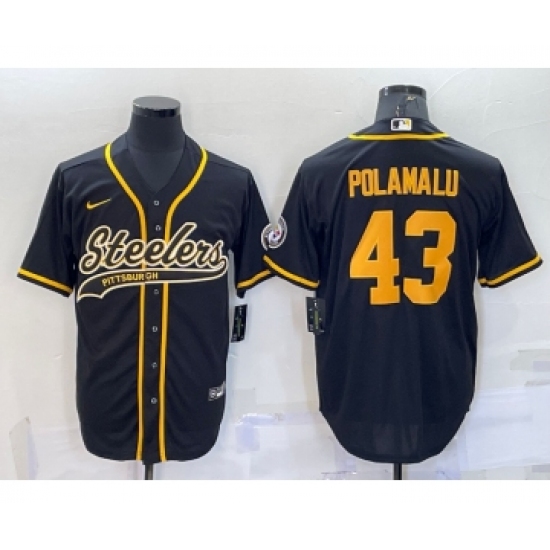 Men's Pittsburgh Steelers 43 Troy Polamalu Black Gold With Patch Cool Base Stitched Baseball Jersey
