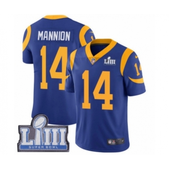 Youth Nike Los Angeles Rams 14 Sean Mannion Royal Blue Alternate Vapor Untouchable Limited Player Super Bowl LIII Bound NFL Jersey