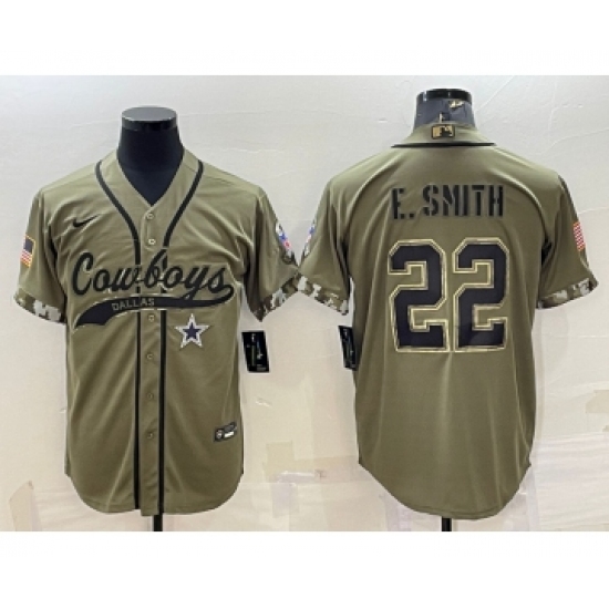Men's Dallas Cowboys 22 Emmitt Smith 2022 Olive Salute to Service Cool Base Stitched Baseball Jersey