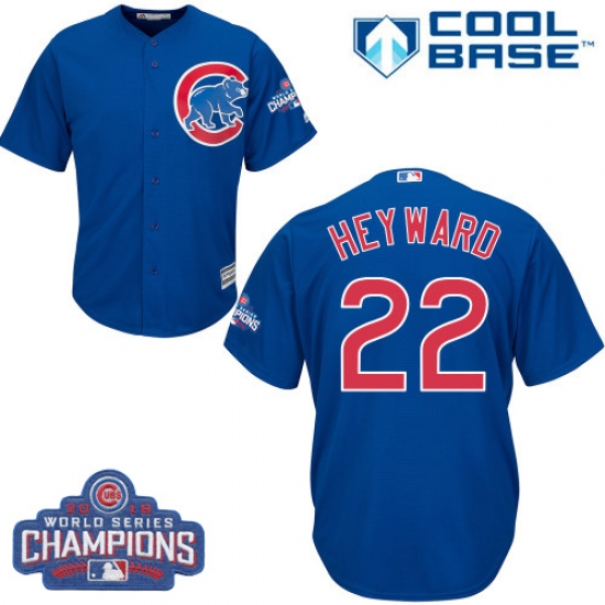 Youth Majestic Chicago Cubs 22 Jason Heyward Authentic Royal Blue Alternate 2016 World Series Champions Cool Base MLB Jersey