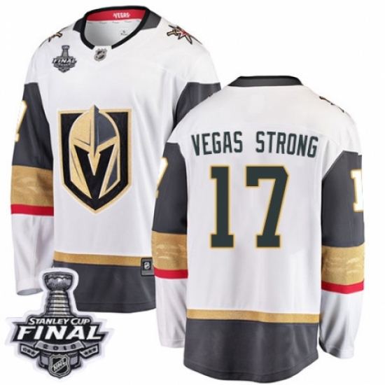 Men's Vegas Golden Knights 17 Vegas Strong Authentic White Away Fanatics Branded Breakaway 2018 Stanley Cup Final NHL Jersey
