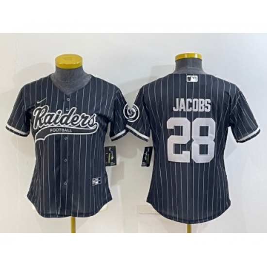 Women's Las Vegas Raiders 28 Josh Jacobs Black Team Big Logo With Patch Cool Base Stitched Baseball Jersey