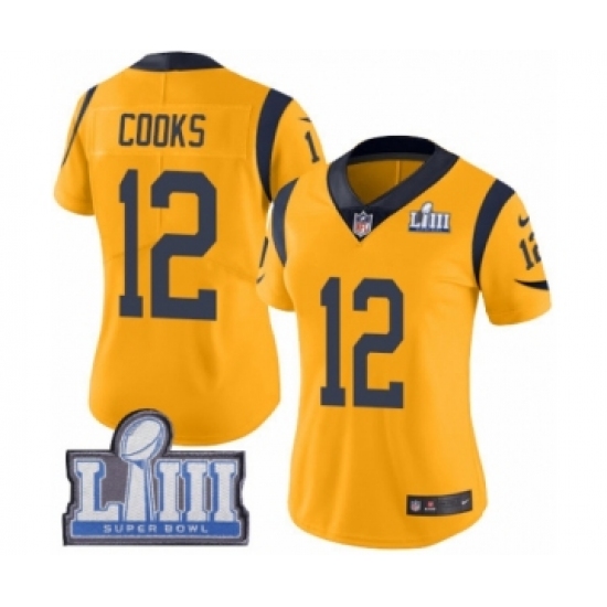 Women's Nike Los Angeles Rams 12 Brandin Cooks Limited Gold Rush Vapor Untouchable Super Bowl LIII Bound NFL Jersey