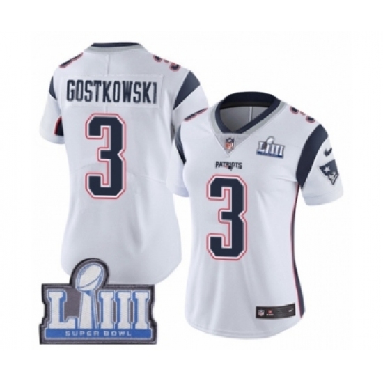 Women's Nike New England Patriots 3 Stephen Gostkowski White Vapor Untouchable Limited Player Super Bowl LIII Bound NFL Jersey