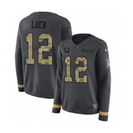 Women's Nike Indianapolis Colts 12 Andrew Luck Limited Black Salute to Service Therma Long Sleeve NFL Jersey