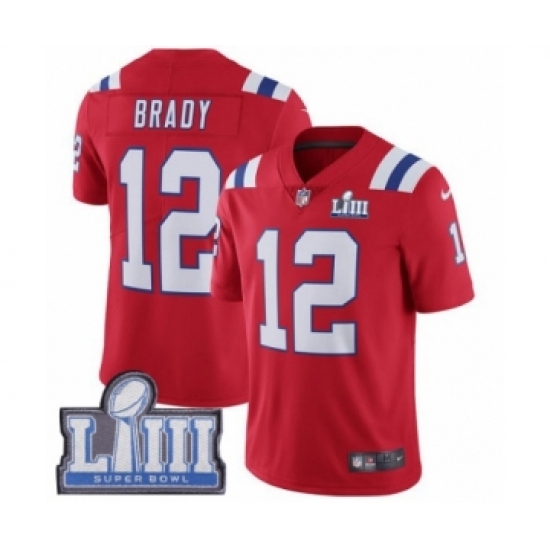 Men's Nike New England Patriots 12 Tom Brady Red Alternate Vapor Untouchable Limited Player Super Bowl LIII Bound NFL Jersey
