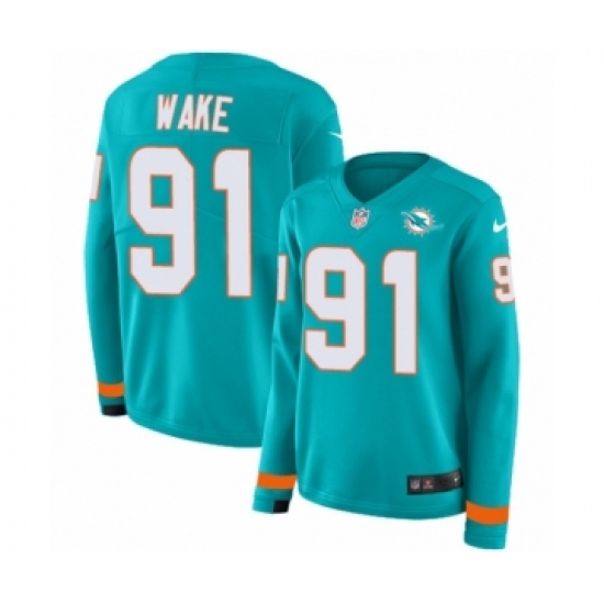Women's Nike Miami Dolphins 91 Cameron Wake Limited Aqua Therma Long Sleeve NFL Jersey