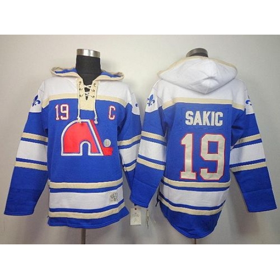 Nordiques 19 Joe Sakic Light Blue Sawyer Hooded Sweatshirt Stitched NHL Jersey