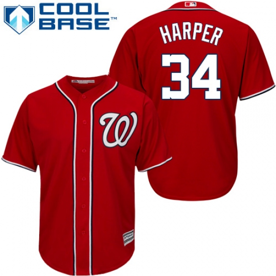 Youth Majestic Washington Nationals 34 Bryce Harper Authentic Red Alternate 1 Cool Base MLB Jersey