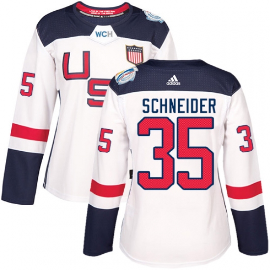 Women's Adidas Team USA 35 Cory Schneider Premier White Home 2016 World Cup Hockey Jersey